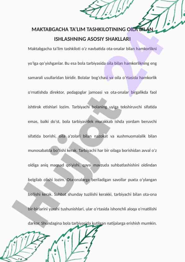 Maktabgacha ta'limda oila bilan hamkorlik usullari