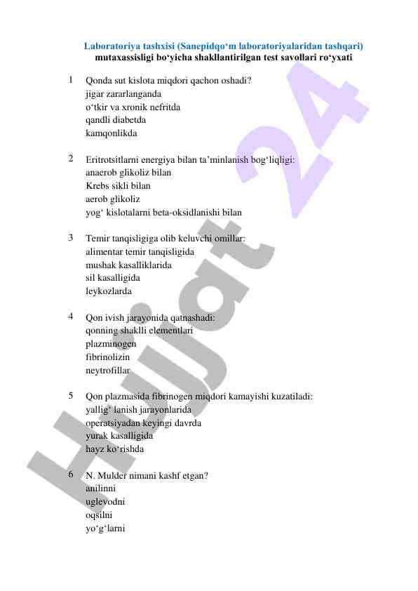Laboratoriya tashxisi bo'yicha test savollari ro'yxati