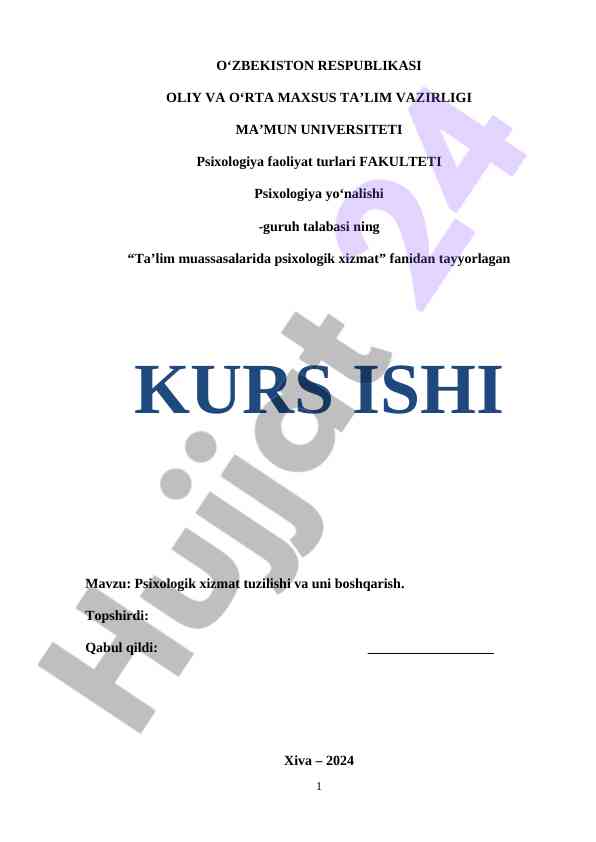 Psixologik xizmat tuzilishi va uni boshqarish