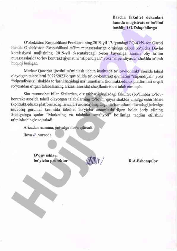Oliy ta'limda to'lov kontraktlari bilan bog'liq qarorlar