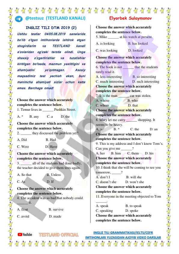 Ingliz tili grammatikasi imtihonlarida tayyorlash testlari