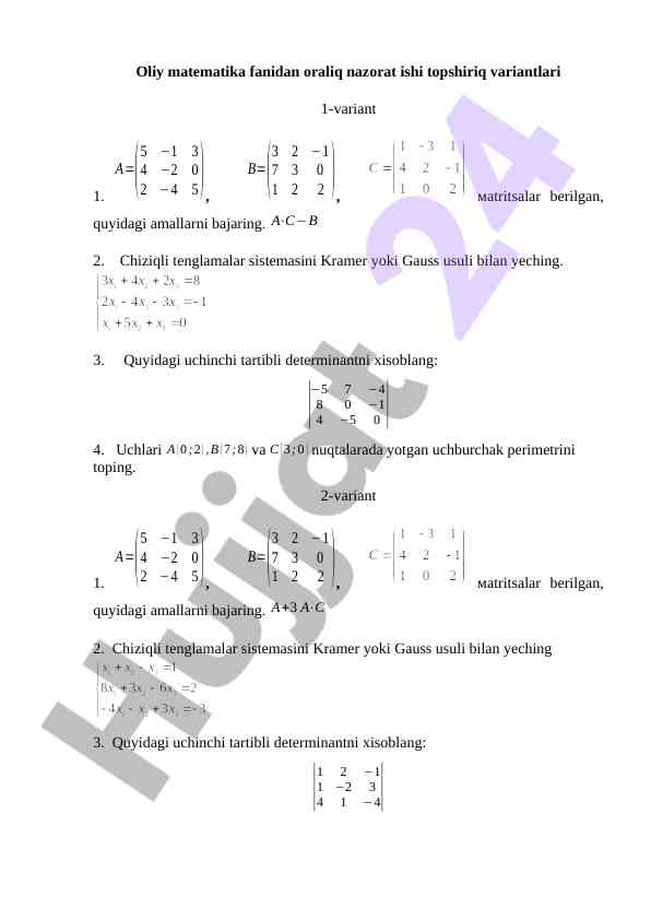 Oliy matematika fanidan oraliq nazorat ishlari