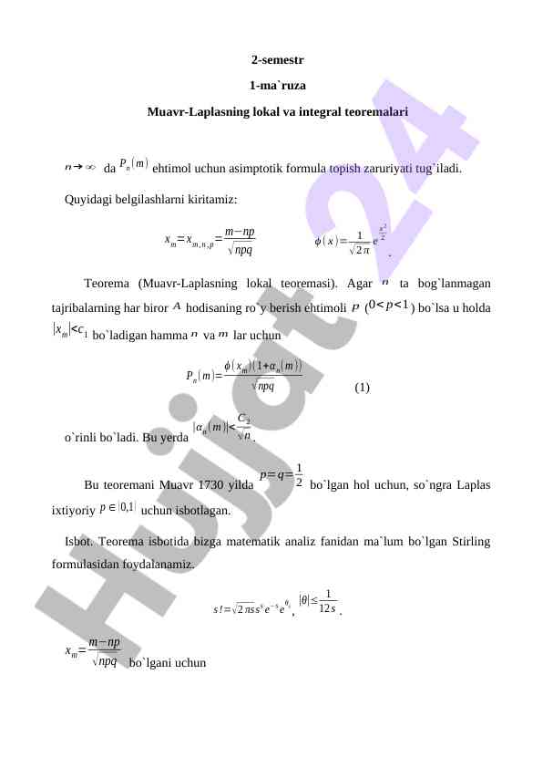 Muavr-laplas teoremalari va asimptotik formula