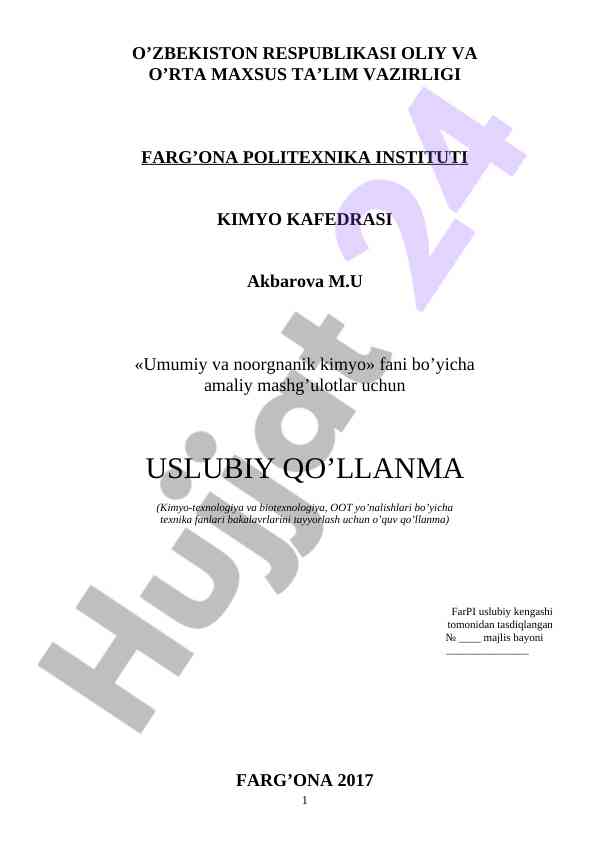 Umumiy va noorgnanik kimyo amaliy mashg‘ulotlar uslubiy qo‘llanma