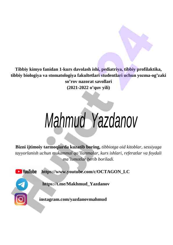 Tibbiy kimyo fanidan davolash ishtirokchilari uchun savollar