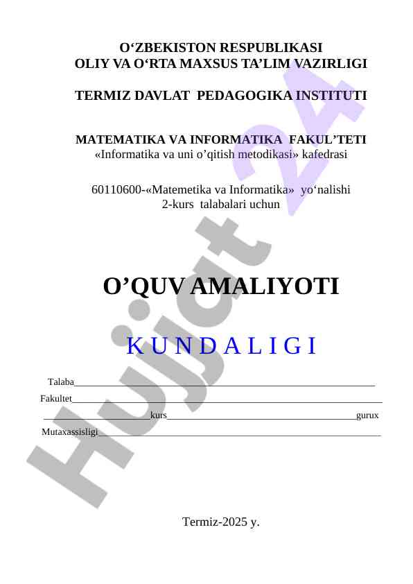 O‘quv amaliyoti kundaligi matematika va informatika