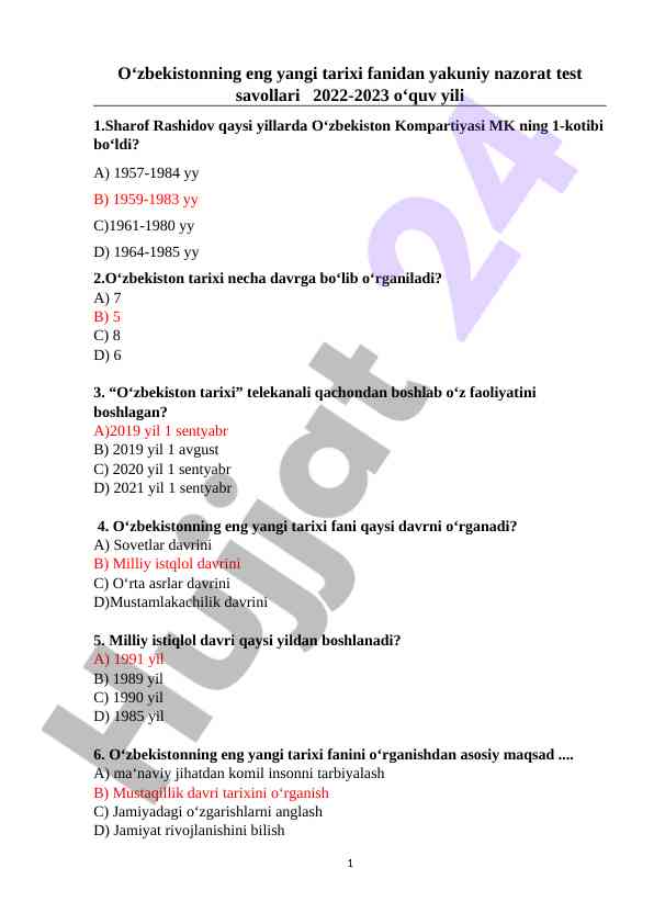 O‘zbekistonning eng yangi tarixi fanidan test savollari