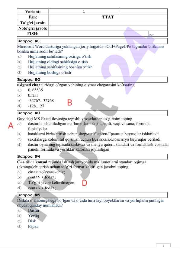 Microsoft word va excel dasturlari uchun savollar