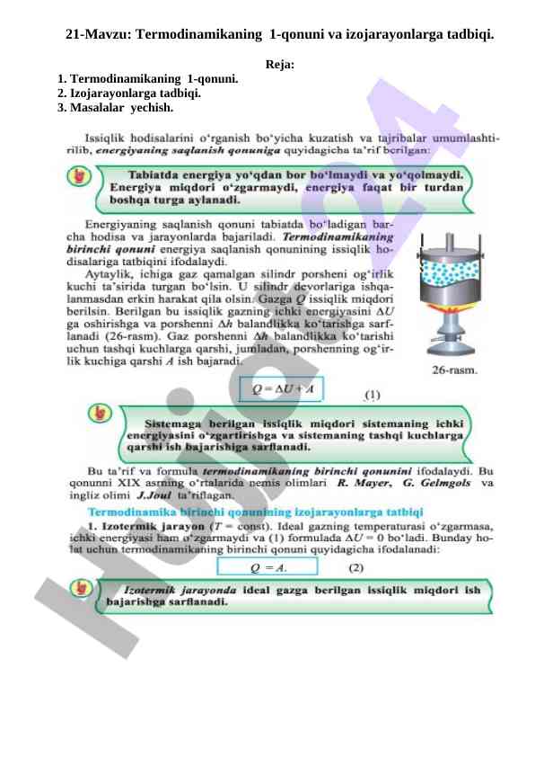 Termodinamika 1-qonuni va izojarayonlarga tadbiqi