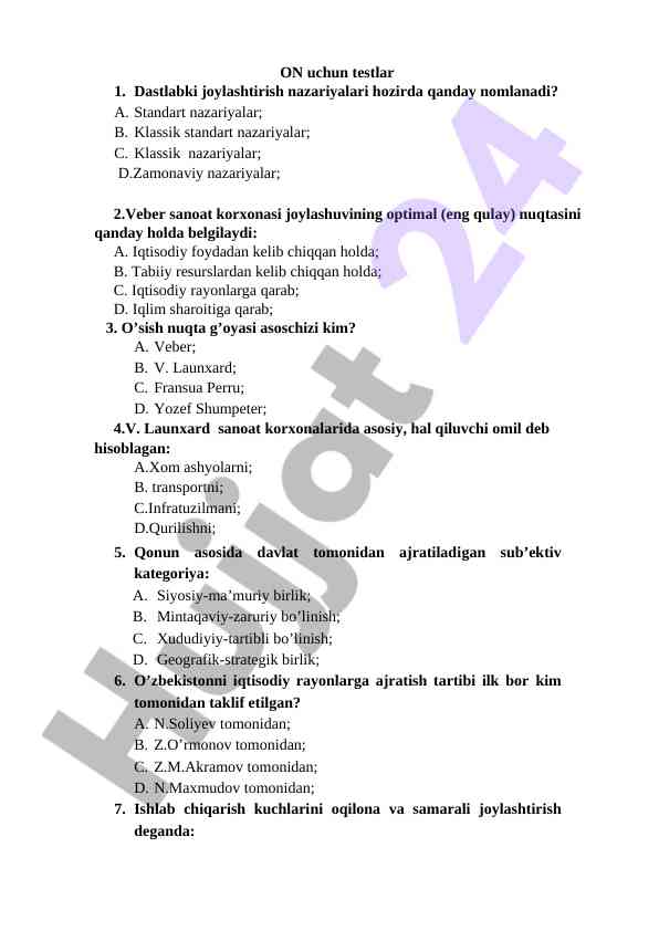 O‘zbekiston iqtisodiyotida joylashuv test savollari