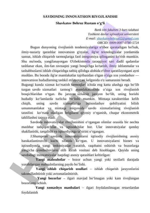 Savdoning innovatsion rivojlanishi va ilmiy asoslari