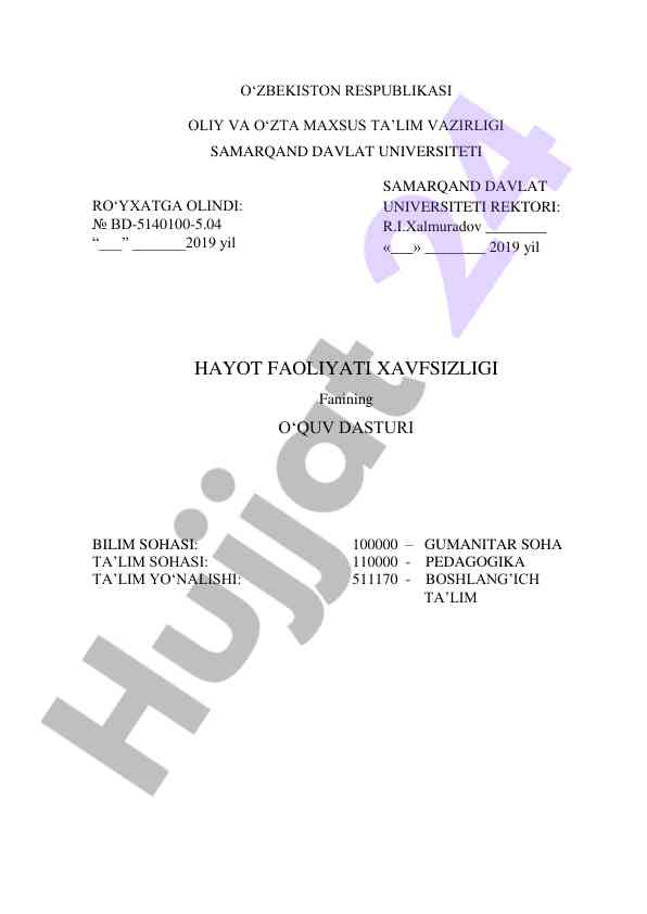 Hayot faoliyati xavfsizligi fanining o‘quv dasturi