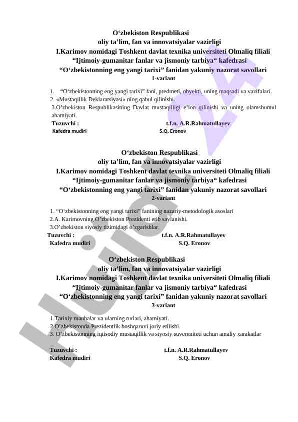 O‘zbekistonning eng yangi tarixi yakuniy nazorat savollari