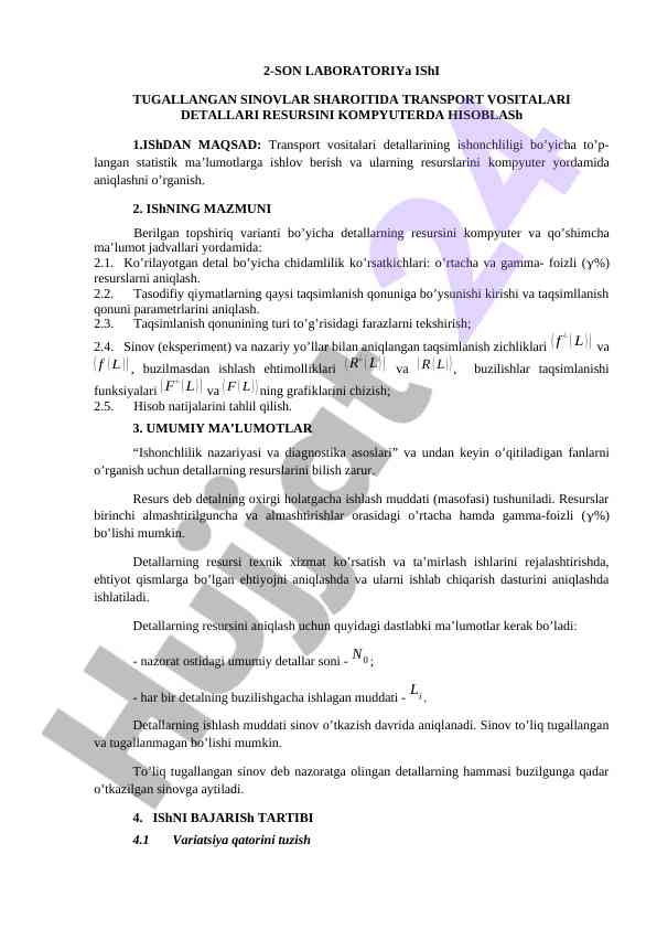 Transport vositalari detallarining resursini hisoblash