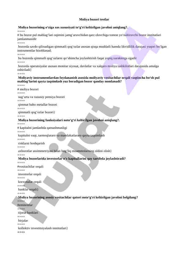 Moliya bozori testlarining o'ziga xos xususiyatlari