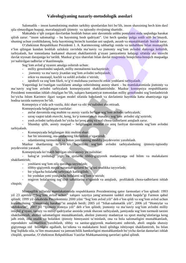 Valeologiyaning nazariy-metodologik asoslari