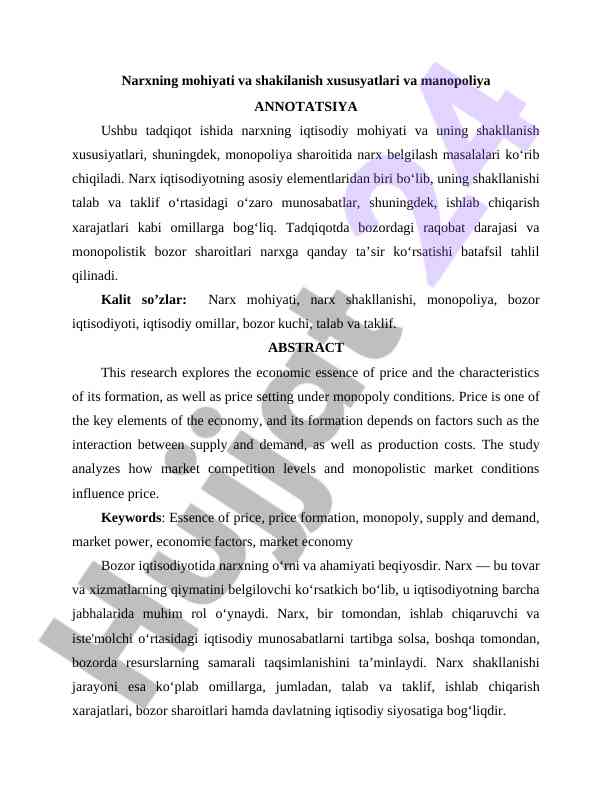 Narxning mohiyati va shaklanish xususiyatlari