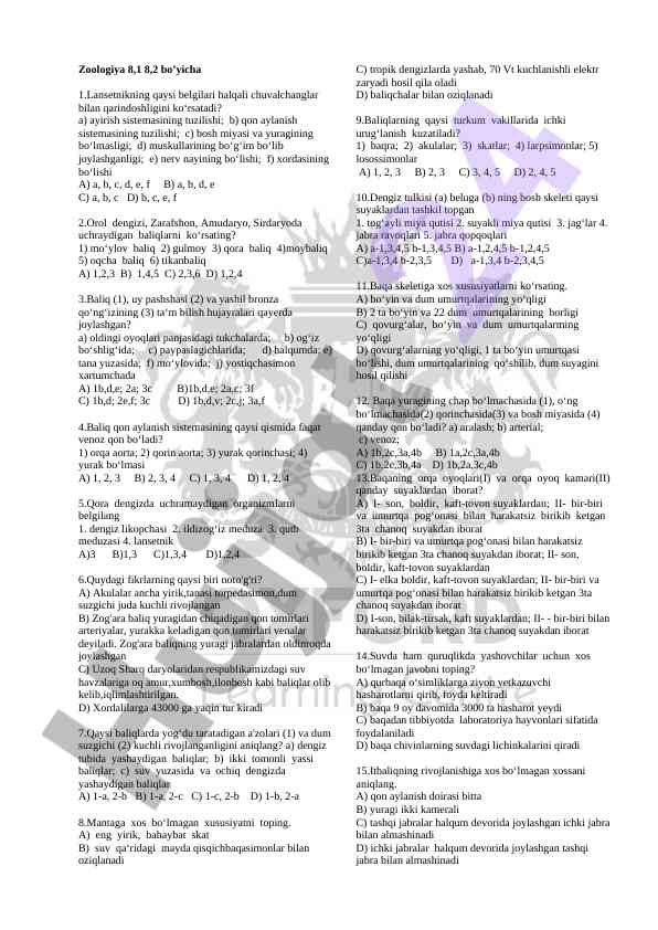 Zoologiya test savollari va javoblari