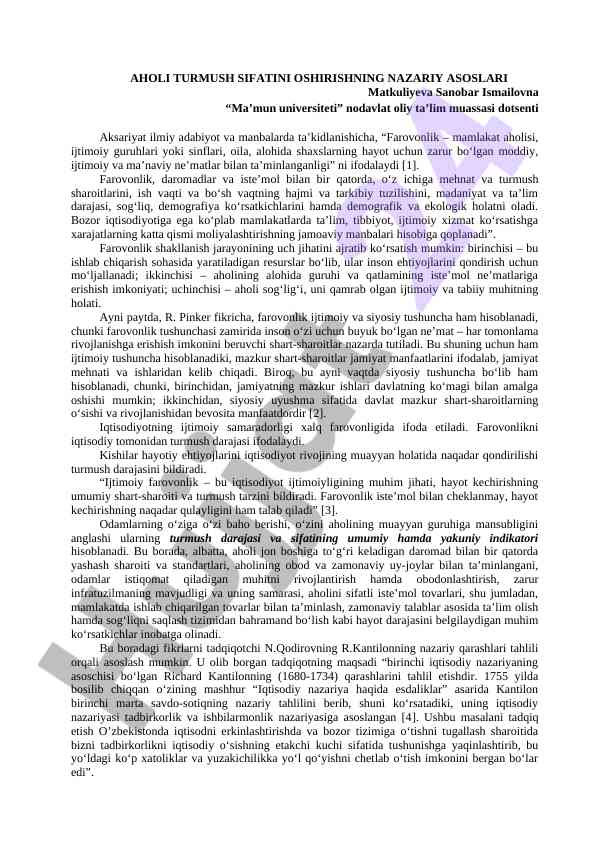 Aholi turmush sifatini oshirishi nazariy asoslari