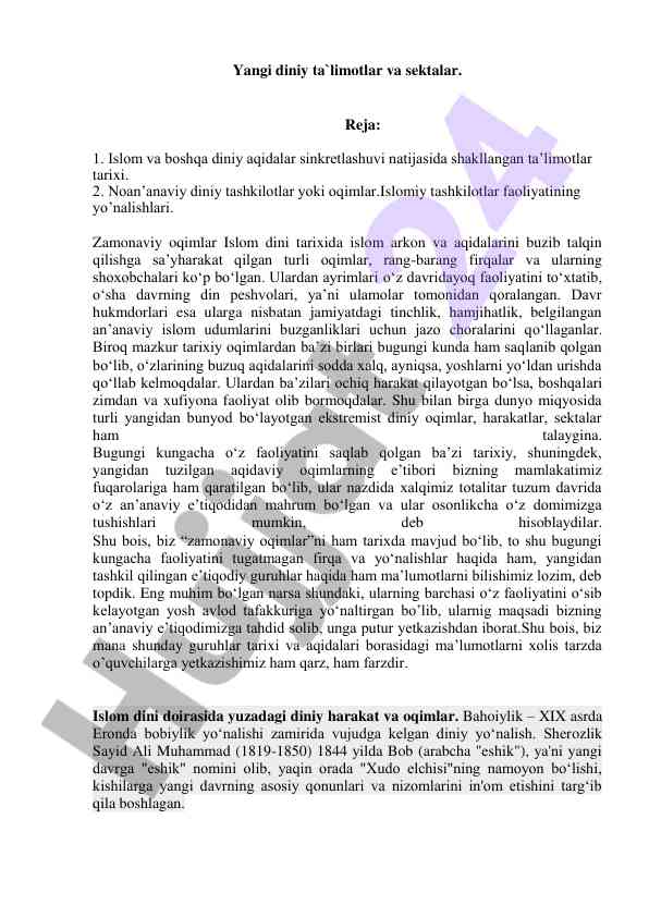 Yangi diniy ta`limotlar va sektalar haqida