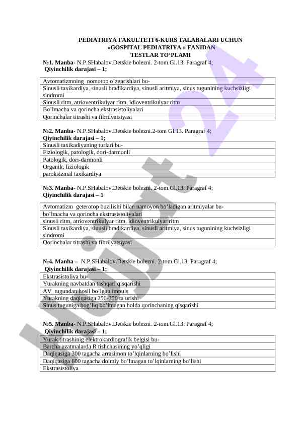 Hospital pediatriya fanidan testlar to'plami №1
