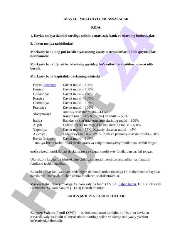 Moliyaviy muassasalar tahlili va ularning funktsiyalari