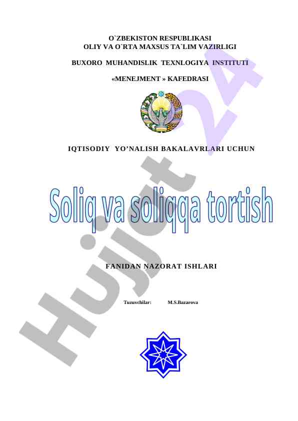 Soliq tizimi nazorat savollari va amaliy masalalar