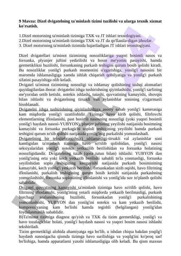 Dizel dvigatel ta'minlash tizimi texnologiyasi