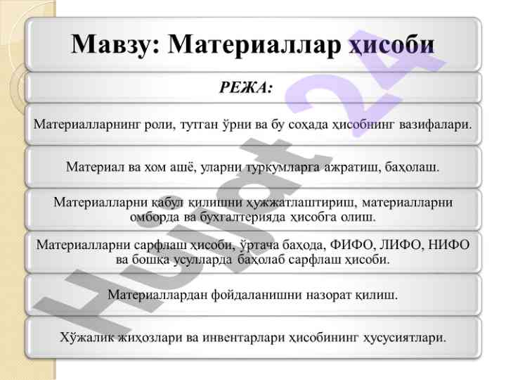 Товар моддий захиралари ҳисобини ўрганиш