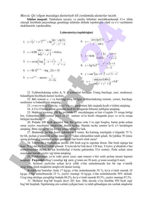C++ dasturlash tili bilan laboratoriya topshiriqlari