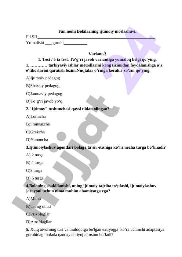 Bolalarning ijtimoiy moslashuvi test savollari