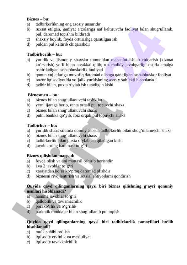 Biznes va tadbirkorlik asoslari haqida ma'lumotlar