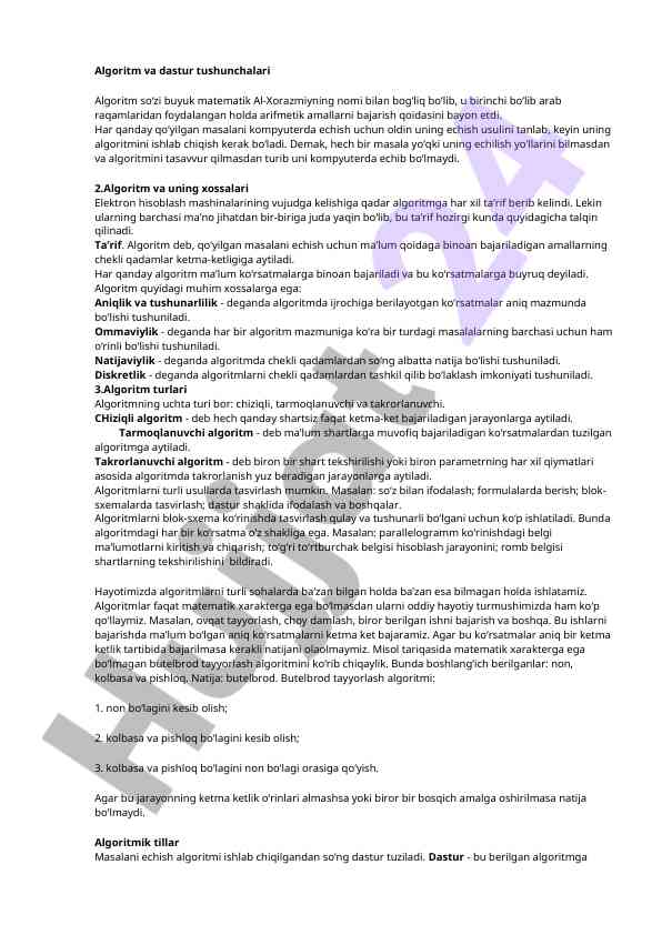 Algoritm va dastur tushunchalari va xossalari