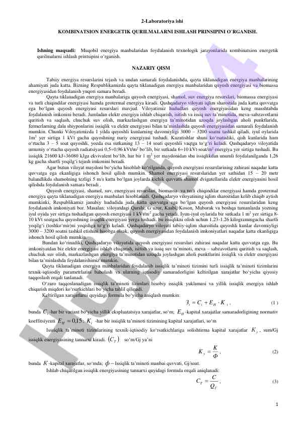 Kombinatsion energetik qurilmalarni ishlash prinsipini o‘rganish