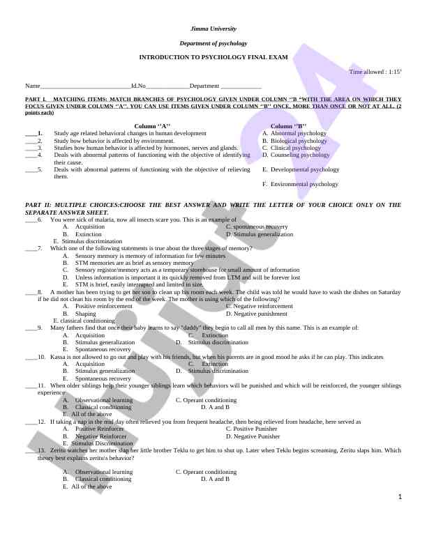 Introduction to psychology final exam questions