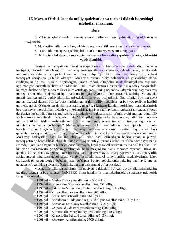 Milliy qadriyatlar va tarixni tiklash islohotlari