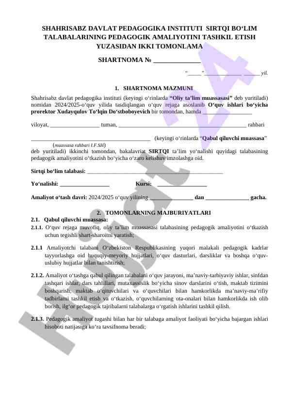 Pedagogik amaliyotni tashkil etish bo'yicha shartnoma