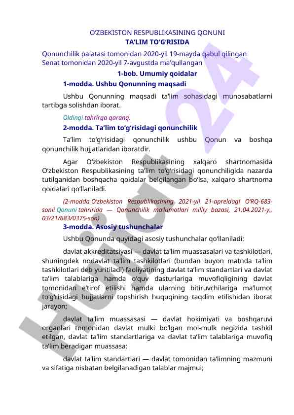 O‘zbekiston ta’lim qonuni haqida asosiy ma’lumotlar