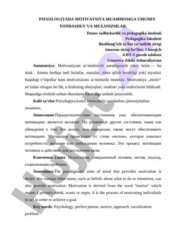 Psixologiyada motivatsiya muammosi va yondashuvlar