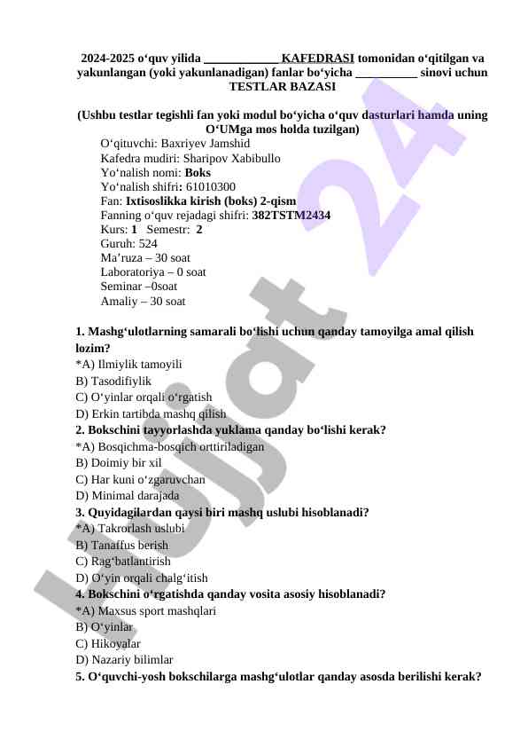 Boks fanidan testlar bazasi 2024-2025