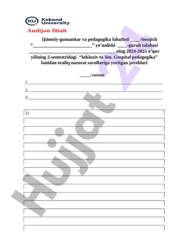 Inkluziv ta`lim gospital pedagogika savollari