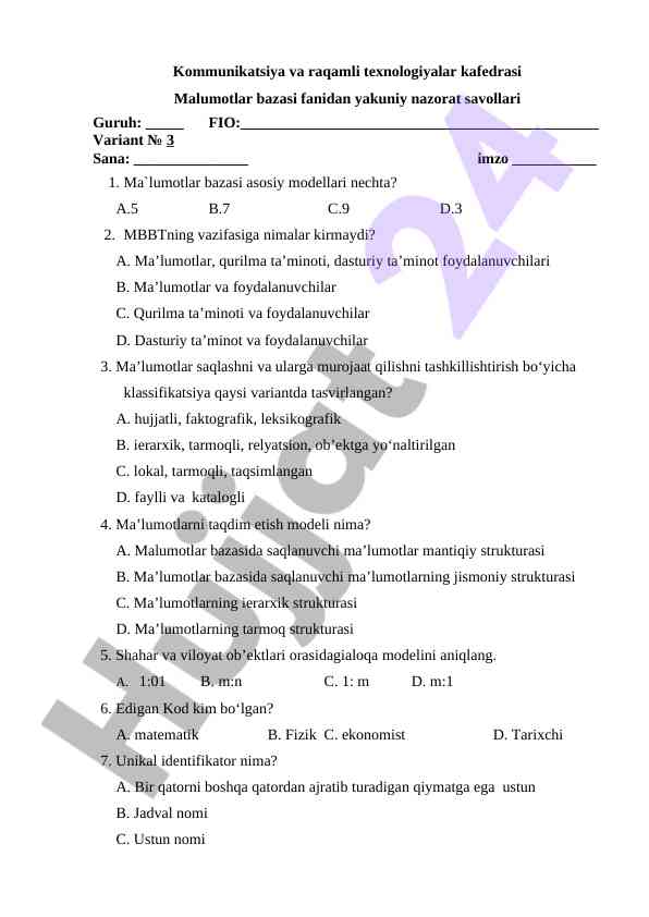 Malumotlar bazasi fanidan yakuniy nazorat savollari