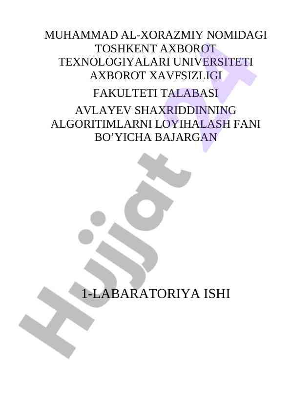 Algoritmlarni loyihalash fani bo'yicha laboratoriya ishi