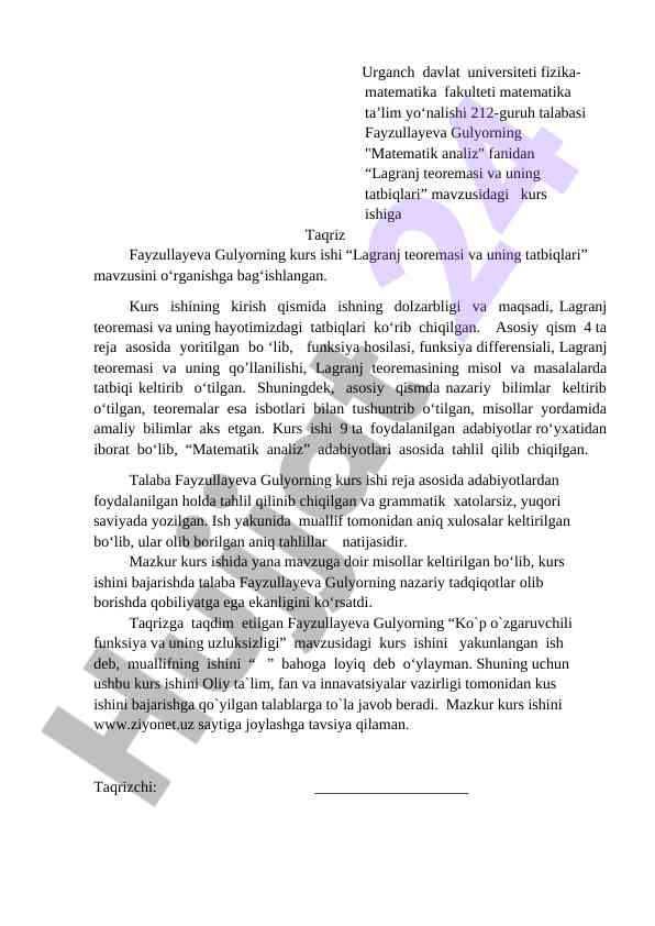 Lagranj teoremasi va uning tatbiqlari tahlili