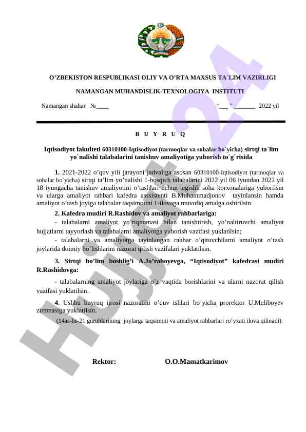 Tanishuv amaliyoti uchun yo‘riqnoma 2022 yil