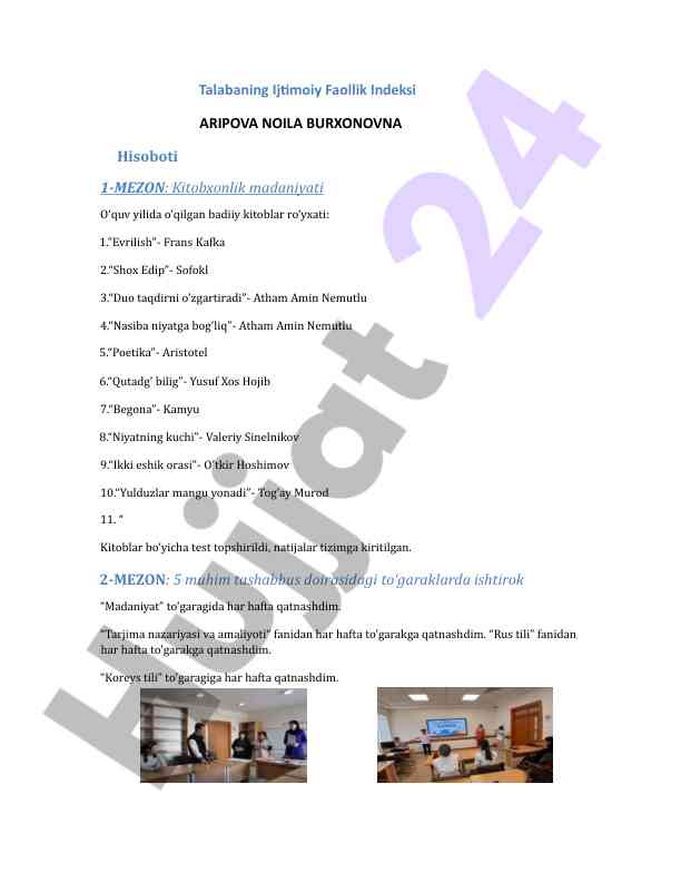 Talabaning ijtimoiy faollik indeksi hisoboti