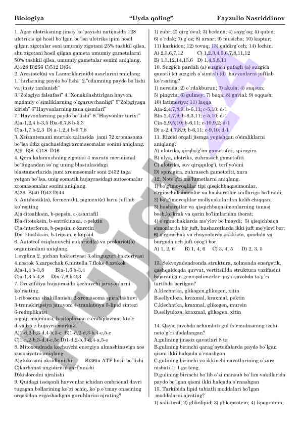 Biologiya testlari jinsiy ko'payish va xromasoma