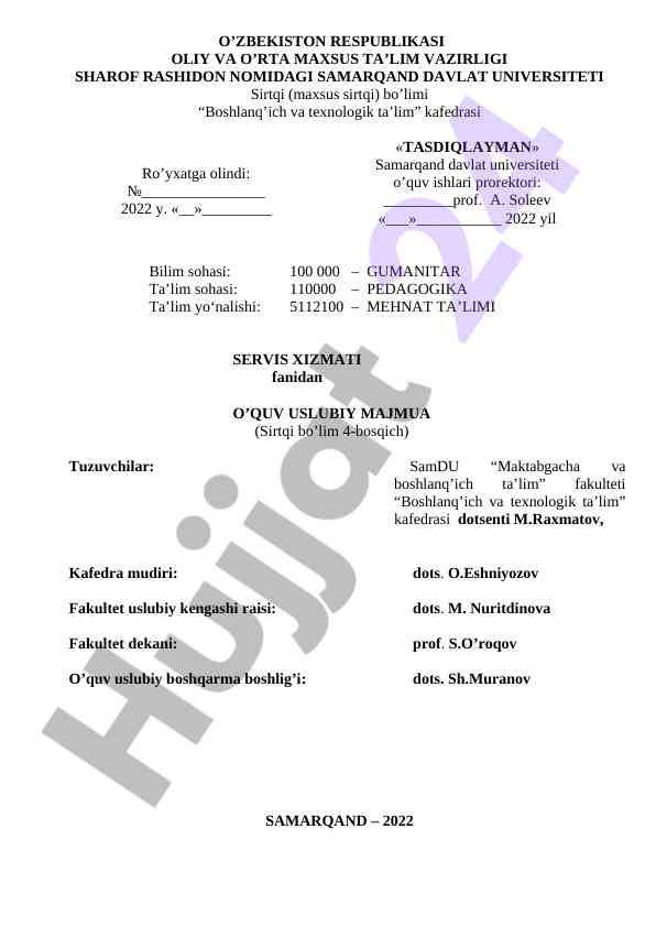 Servis xizmati fani bo’yicha o’quv usuliy majmuasi
