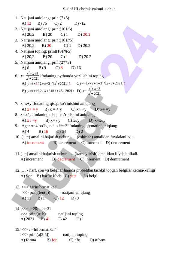 9-sinf iii chorak yakuni test savollari