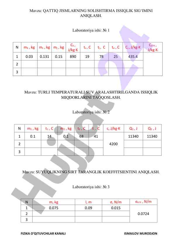 Qattiq jismlarning solishtirma issiqlik sig‘imini aniqlash